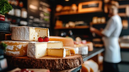 An inviting cheese counter features an exquisite assortment of artisanal cheeses, beautifully arranged with fresh herbs, enticing viewers to experience delightful flavors and textures.