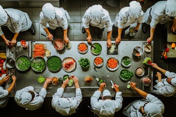 Chefs collaborate in a bustling kitchen crafting fresh dishes with vibrant ingredients