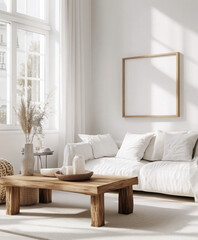 Fototapeta premium Mockup frame in interior background, white neutral room, Scandi-Boho style, 3d render