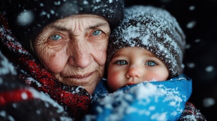 A loving grandmother holds her grandchild close amidst falling snow, conveying warmth and connection in a serene winter landscape filled with tenderness and familial love.