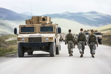 A diverse group of international peacekeepers walks alongside armored vehicles in a mountainous landscape, emphasizing collaboration and unity