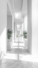 Fototapeta premium Bright and Minimalist Corridor with Green Plants in Modern Architecture