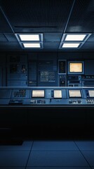 Obraz premium Dark Control Room with Monitors and Buttons in High-Tech Environment