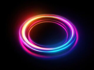 Vibrant, swirling neon rings glow in the dark, creating a hypnotic, three-dimensional effect with a reflective surface. The colors blend and radiate outwards.