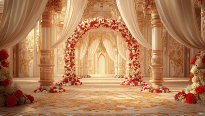  Indian Palace Courtyard with Wedding Decorations, Roses, Jasmine, Pillars, flowing Canopies and Lanterns. Copy space.