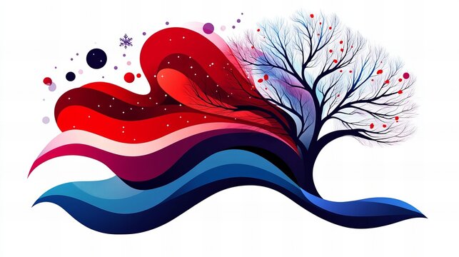 Abstract winter tree illustration with vibrant red, blue, and purple waves.  A striking visual metaphor for change or seasons.
