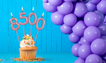 Birthday card with number 8500 candle, cupcake and balloons.