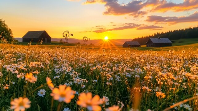 Wildflower field seasonal rustic concept. A serene sunset over a field of flowers, with rustic barns in the background, creating a picturesque rural scene. - Powered by Adobe