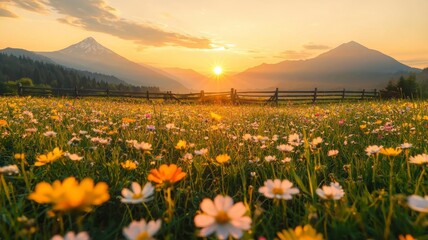 Fototapeta premium Wildflower field seasonal rustic concept. A serene sunset over a field of colorful flowers, framed by mountains, creating a tranquil and picturesque landscape.