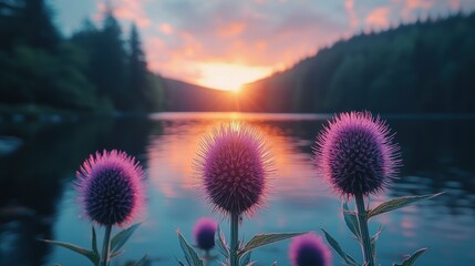 Sunset Serenity: Purple Flowers by the Lake