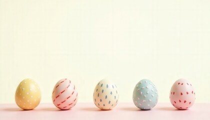 Obraz premium Colorful decorated eggs arranged in a row on a tabletop, showcasing various pastel shades and patterns for a festive spring celebration