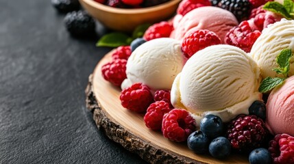 A visually appealing arrangement of three ice cream scoops, garnished with fresh raspberries, blueberries, and mint leaves, perfect for summer indulgence and dessert lovers.