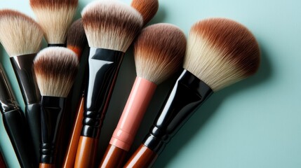 A diverse selection of makeup brushes displaying various styles and colors arranged on a soothing colored base, ideal for inspiring creative beauty expression.
