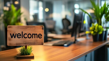 Welcome Sign on Desk Symbolizes Friendly Onboarding