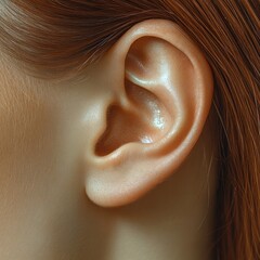 Close-up of a human ear with auburn hair highlighting fine details and skin texture