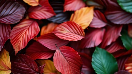 An intricate arrangement of richly colored autumn leaves presents a beautiful tapestry of warm tones, igniting nostalgia and connection to the changing seasons of nature.
