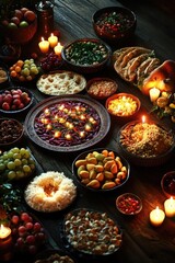 Fototapeta premium Candlelit assortment of traditional Middle Eastern foods, including spiced rice dishes, salads, desserts, cheeses, fruits, breads, and meze.