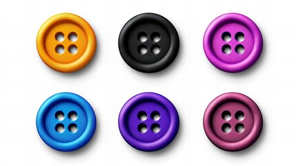 Six colorful buttons in various shades.  A collection of sewing supplies.