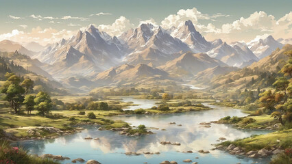 A light-toned landscape of mountains, misty hills, forests, and a river in the foreground, creating a sense of calm and peace.