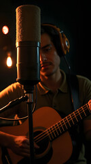 A dimly lit recording, decorated with acoustic foam.