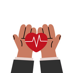 Hands holding a red heart with a heartbeat line – healthcare, charity, and love concept illustration, cartoon style.