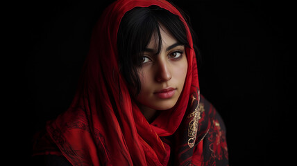 Stylized portrait of a man wearing a bright red scarf on a black background.