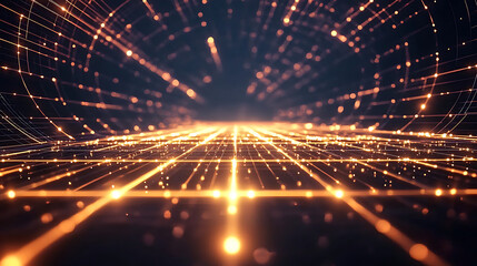 Naklejka premium A glowing grid pattern extending infinitely in a dark void, creating an immersive sense depth and perspective.