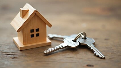 Wooden house model with keychain and two keys, homeownership concept