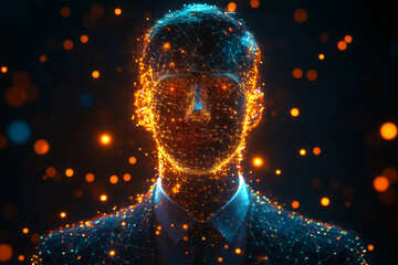 Businessman in a glowing wireframe network symbolizing innovation