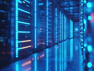 Fototapeta premium High tech computer hardware in a large blue lit data center. Server farm with numerous computers for storage and processing power.