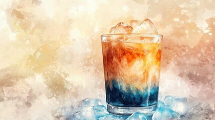 Colorful Refreshing Drink with Ice in a Glass on Abstract Background