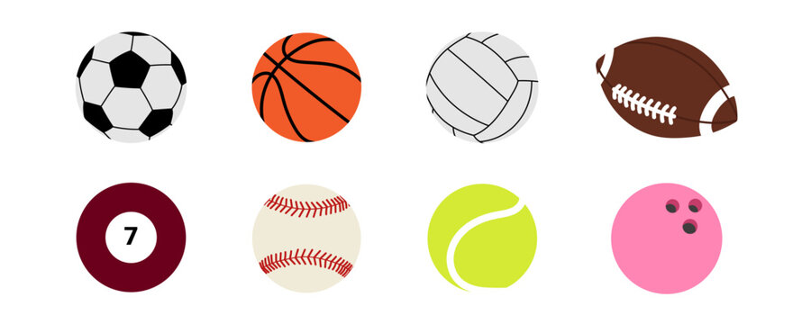 Series of sports balls: equipment for football, tennis, volleyball, bowling, baseball, basketball, billiards, and soccer. A set of flat vector illustrations of playing balls.