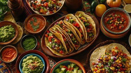 Fototapeta premium Table with Traditional Mexican Food: Tacos, Guacamole, and Salsa
