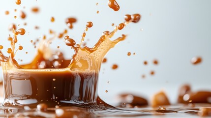 The captivating moment of brown coffee splashing, accompanied by ice, conveys a sense of freshness and creativity, highlighting the delectable nature of the drink visually.