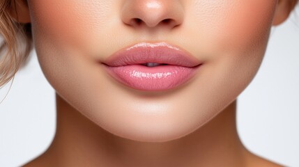 Obraz premium close-up captures the allure of perfectly shaped lips, highlighting a glossy finish and smooth texture against a neutral background, exemplifying beauty and elegance