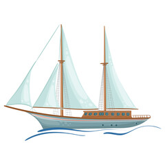 Sailing luxury yacht with cabin. Sea vessel with sails sails on the sea. Vector image of beautiful water transport on a transparent background.