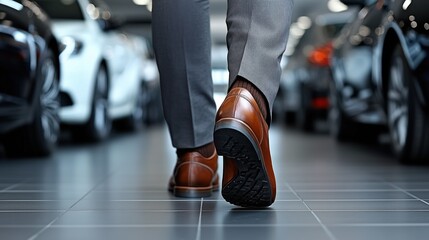 businessman in a tailored suit walks confidently on tiled floors of a high-end car dealership, showcasing elegantly designed vehicles in the background during a bright day