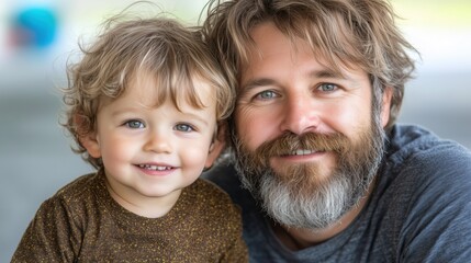 man with a beard and tousled hair smiles proudly beside a happy toddler with curly hair. They enjoy their time together outdoors in a lively park setting on a bright day