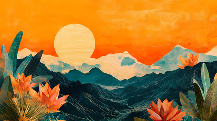 Abstract collage with plants, mountains, and sun in artistic composition. Surreal Collage. Illustration