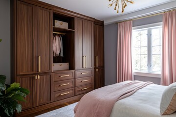 Elegant Bedroom With Modern Walnut Wardrobe And Pink Bedding