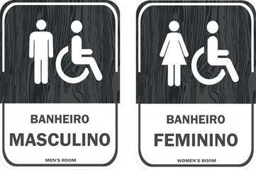 Placa para Banheiros Masculino e Feminino. Estilo R&uacute;stico. Com Textura de Madeira Cinza.