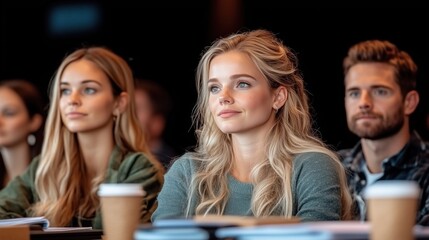 group of young adults is focused on a lecturer in a contemporary classroom. Three individuals sit in the front row, engaged and attentive, with coffee cups on the table