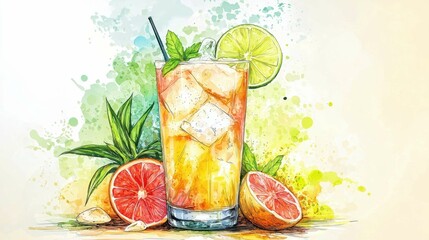 Refreshing Tropical Cocktail with Citrus Fruits and Ice Cubes