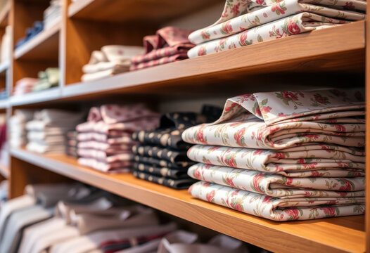 Pilas de elegantes camisas floreadas en el estante de madera de una tienda femenina
