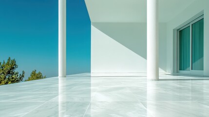 Obraz premium This image showcases a modern outdoor terrace with marble flooring, white columns, and a clear blue sky, creating a refreshing and luxurious ambiance.