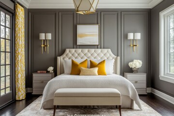 Fototapeta premium Elegant Master Bedroom Interior Design with Gold Accents