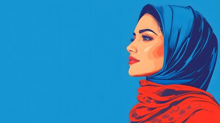 Fictional Arab woman with headscarf. American Heritage Month or Ramadam kareem Blue banner