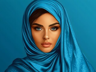Naklejka premium Fictional Arab woman with headscarf. American Heritage Month or Ramadam kareem Blue banner