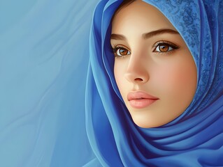 Naklejka premium Fictional Arab woman with headscarf. American Heritage Month or Ramadam kareem Blue banner