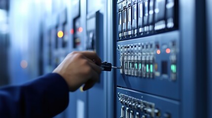 person is adjusting controls on server equipment in a data center. environment is well-lit with multiple LED indicators showing status during late evening hours